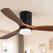 52 In.Indoor/Outdoor Flush Mount Black LED Ceiling Fan with 3-Reversible Wood...
