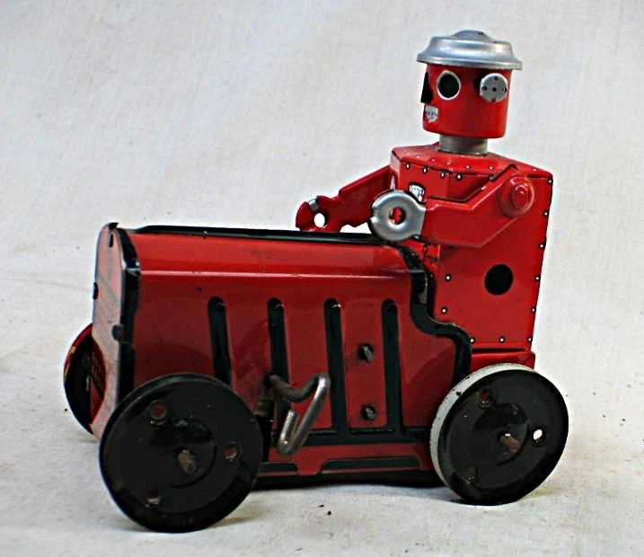Custom Vintage Tin Wind Up Toy Tractor with Robot - Image 2 of 4