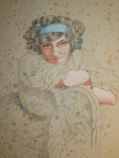 Louis CHALON (1862-1915) GROSSE ZEICHNUNG FRAU JUGENDSTIL SESSEL BELLE EPOQUE b