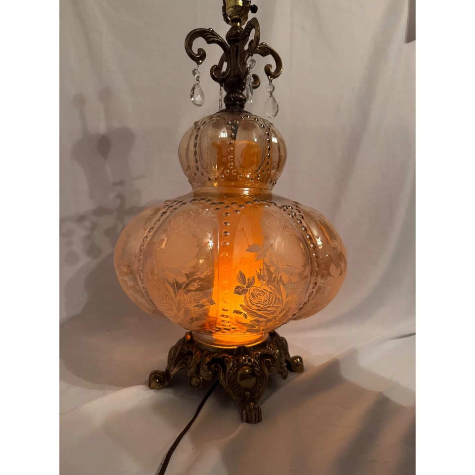 Carl Falkenstein MCM 3Way Hollywood Regency Ámbar Vidrio Burbuja Floral Rosa Lámpara Foto 2 de 4