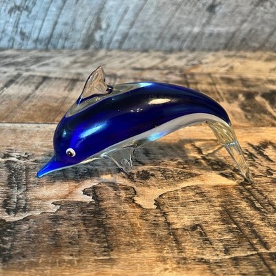 Dolphin Art Glass Figurine Paperweight  Statue Vibrant Cobalt Blue and Clear 7''