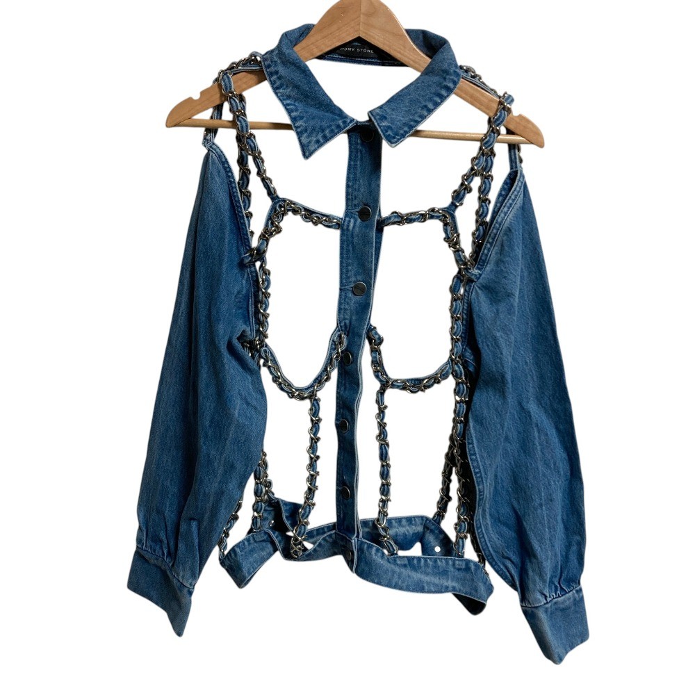 PONY STONE Metal Chain Backless Denim Jacket, One Size, Blue Women 