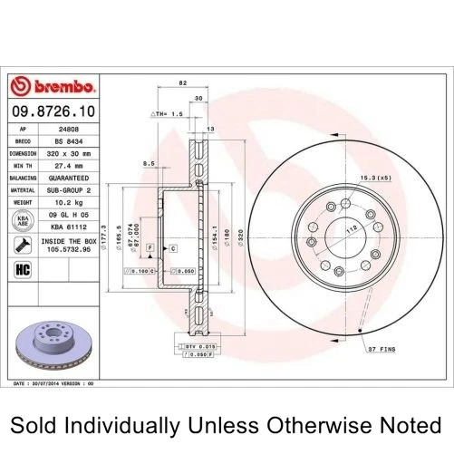 Rotor de freno de disco delantero Brembo 09.8726.10 para Mercedes-Benz S500 1994-1999 Foto 2 de 3