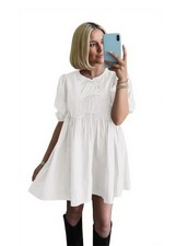 PRETTYGARDEN Women's White Bow Front Mini Dress With Puff Sleeves Small