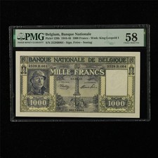 1944-46 Belgium Banque Nationale 1000 Francs Pick#128b PMG 58 Choice About UNC