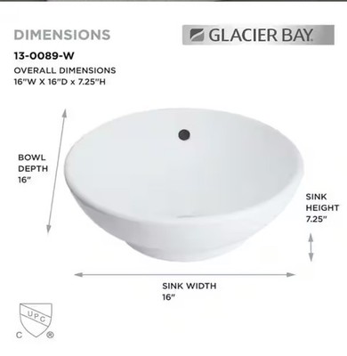 Glacier Bay Zale 16 in. Round Vitreous China Vessel Sink in White