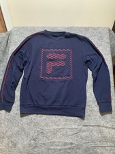 Retro FILA Embossed Sweater Navy Blue Red Logo Jumper Pullover Medium 0775