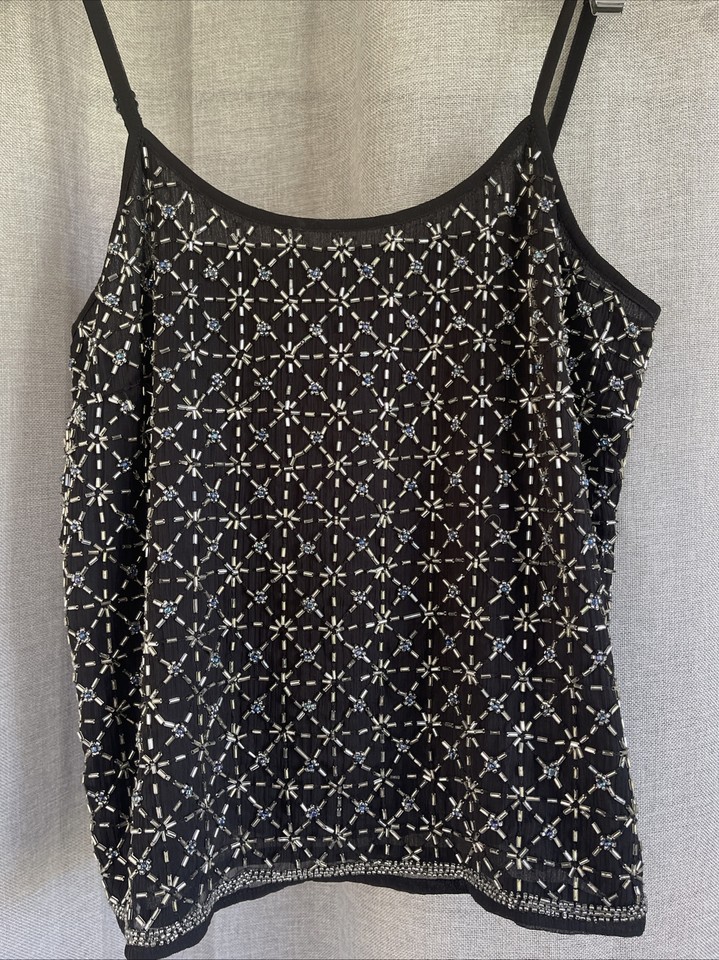 Topshop Ladies Fully beaded Cami.Sz10. Black Evening. Club. Cocktail