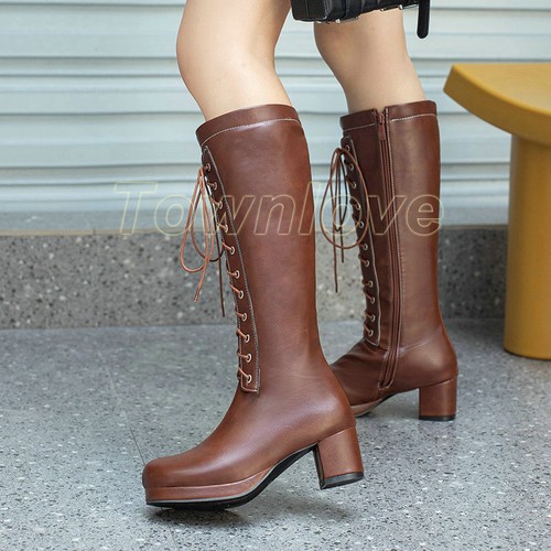 Women's Retro Knee High Boots Combat Motorcycle Lace Up Zip Riding Tall Botas - Picture 3 of 26