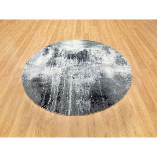 6'2"x6'2" Gray with Black Abstract Design Silk Hand Knotted Round Rug R58623 - Picture 2 of 8