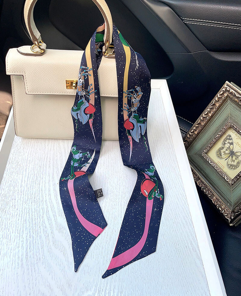 Pure Silk Scarf Ribbon Universe Print Fashion Slim Head Band Neck Tie 85x5cm