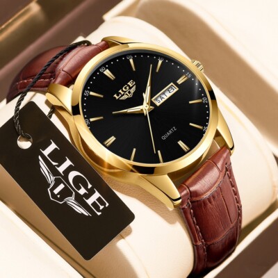 LIGE Men's Watch Quartz Analog Luminous Date Waterproof Business Wristwatch+ Box