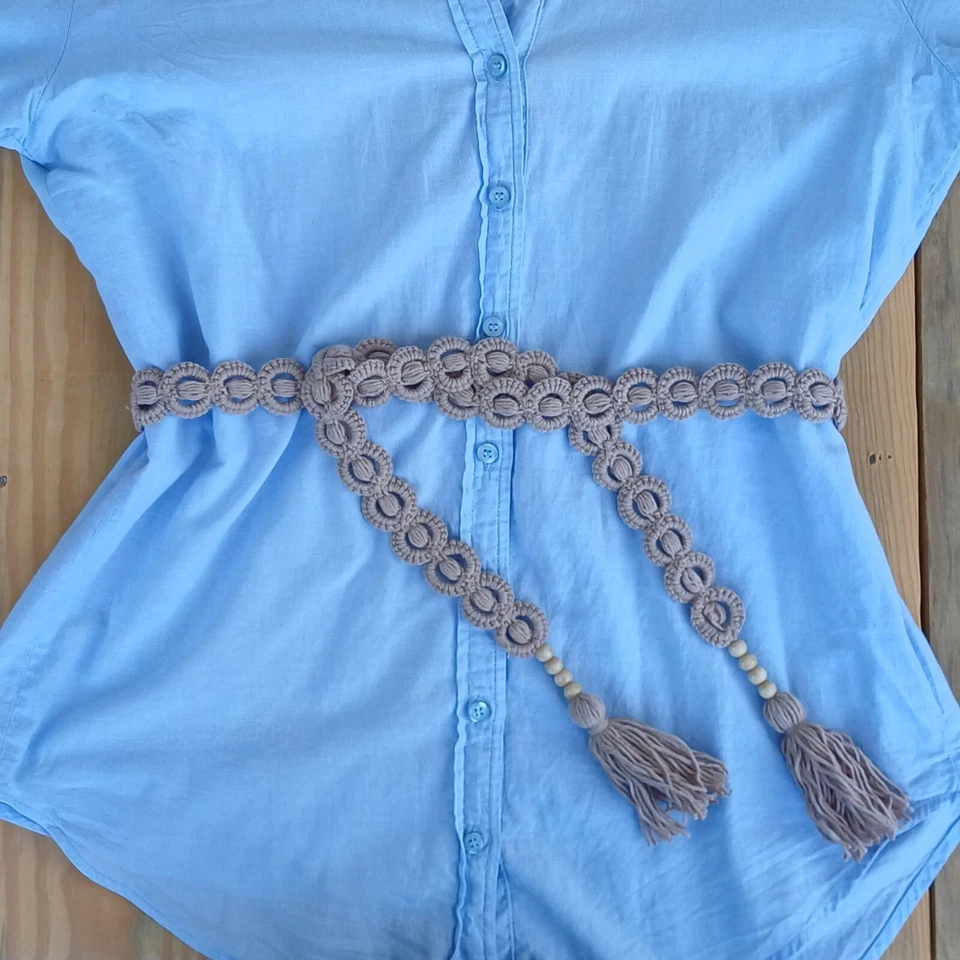Cinturón de ganchillo blanco trenzado con cuentas atar borla macramé vestido mujer cinturón de cuerda Foto 2 de 4