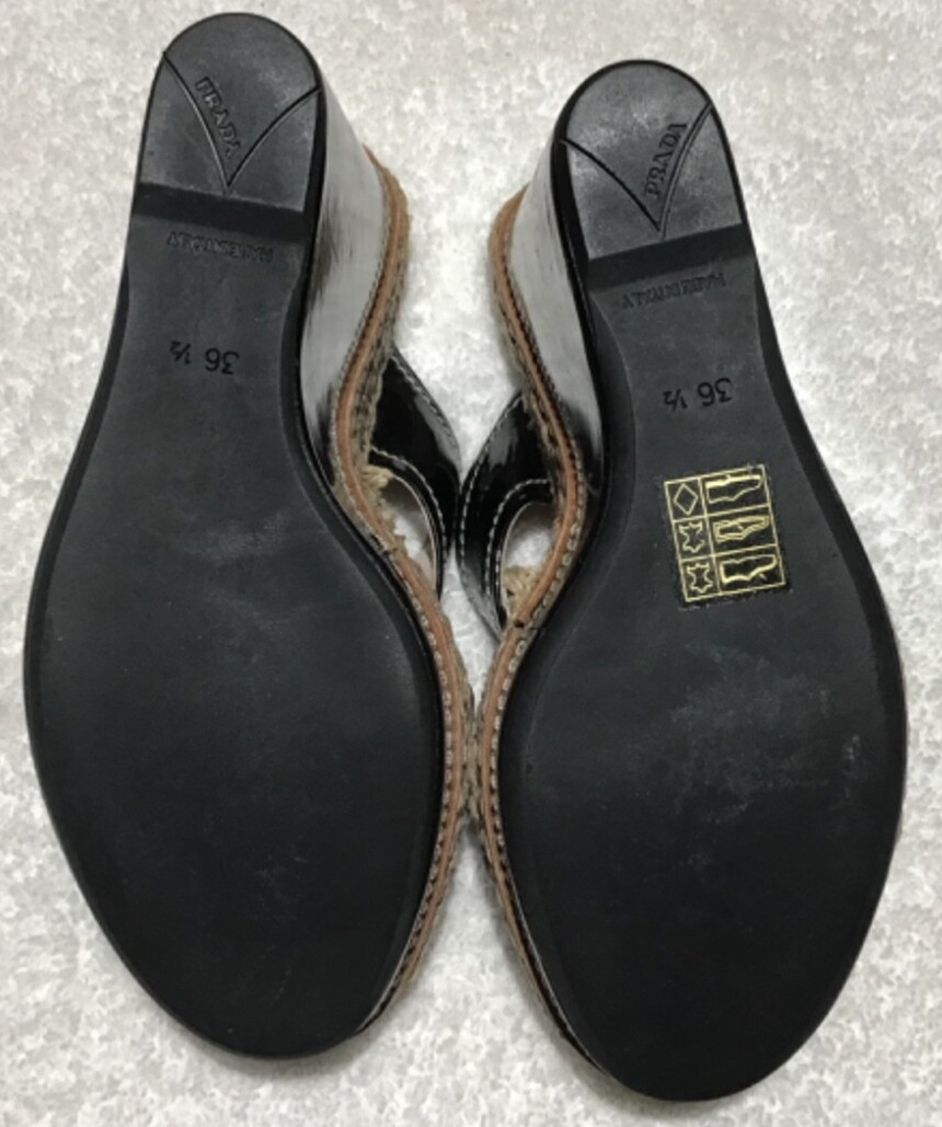 Prada Vernice Black Patent Leather Platform Espadrille Logo Wedge Size 36.5 image 5