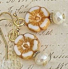 Gold and White Flower Czech Bead Earrings.