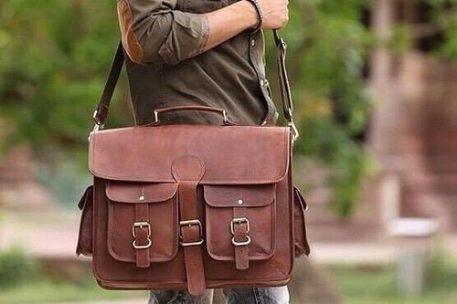 Sac Messager En Cuir De Chèvre Véritable (Marron) - Pour Ordinateur Portable 15 Pouces - Artisanal Inde
