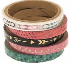 5 Rolls Pink Teal Patterned SLIM Washi Decorative Tape Papercraft Journal 