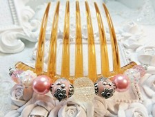 Artisan Hand Beaded Pink Lampwork Rhinestone French Hair Comb, Wedding comb