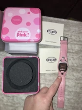 Fossil ladies watch, rectangle shape w/Pink face & leather band In Box Untested