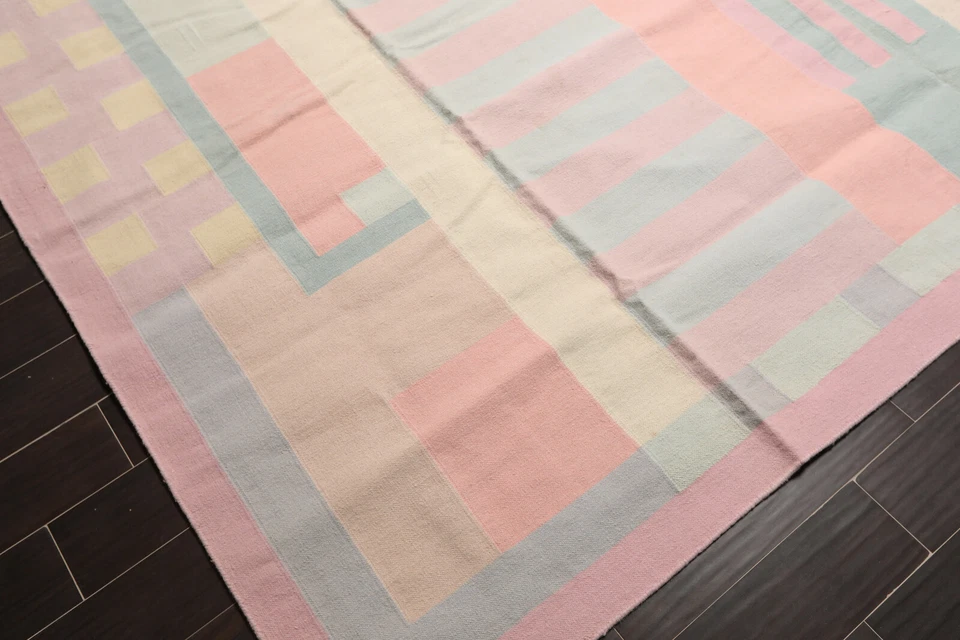 Alfombra oriental Dhurry reversible de lana talla palacio tejida a mano 11x16 rosa Foto 4 de 4