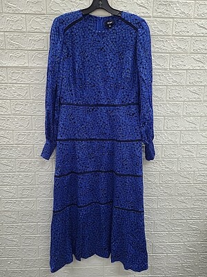 New ME & EM Mille Fleur Print Slim Long Sleeve Maxi Dress Blue/Black Size 12