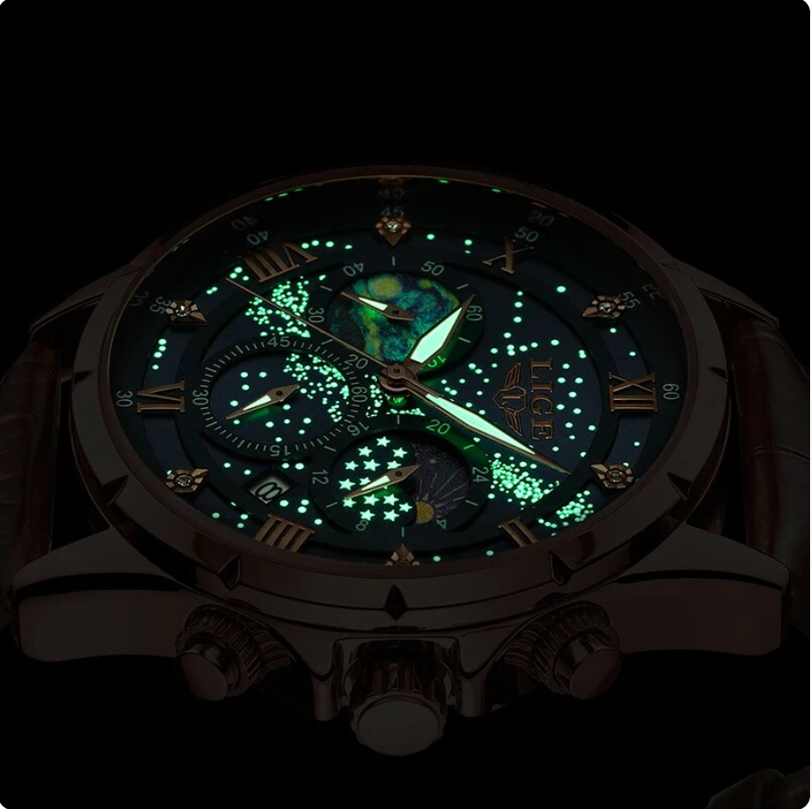 LIGE Mens Watch Quartz Chronograph Leather Strap Luminous Mens Watches