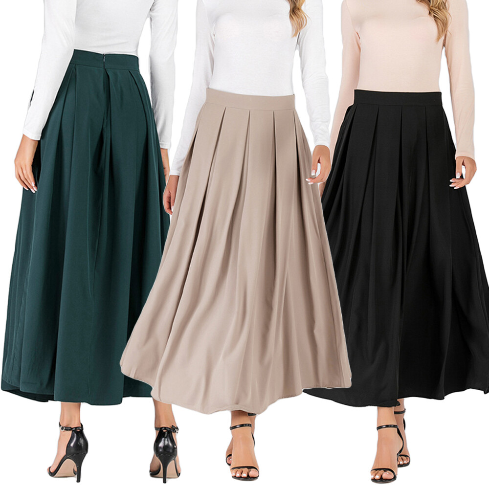 Muslim Women Long Skirt High Waist A-Line Skater Pleated Maxi