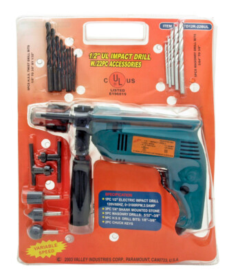 22pc 1/2 '' Electric IMPACT / HAMMER DRILL KIT Tool and Holder, Level, Accesories