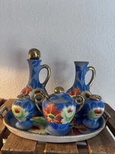 Japan 9 Pc Cruet Condiment Set Oil Vinegar Salt Pepper Sugar Tray Porcelain r2s2