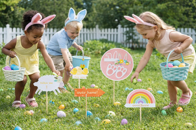 Easter Egg Hunt Sign Kit - 13 Signs, 13 Stakes, 2 Wearables 8-Bunny Prints