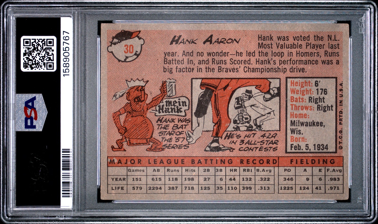 PSA 3 1958 Topps #30B Hank Aaron YN Yellow Name Milwaukee Braves view 3