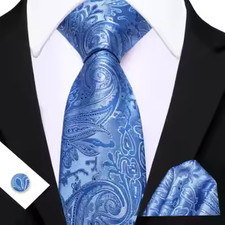 Royal Blue Paisley Necktie, Hanky, and Cufflinks