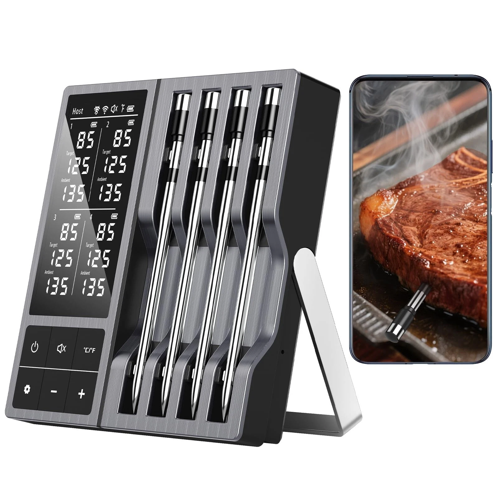 Smart Wireless Meat Thermometer with 4 Probes & 800ft Range, Bluetooth Grill ...