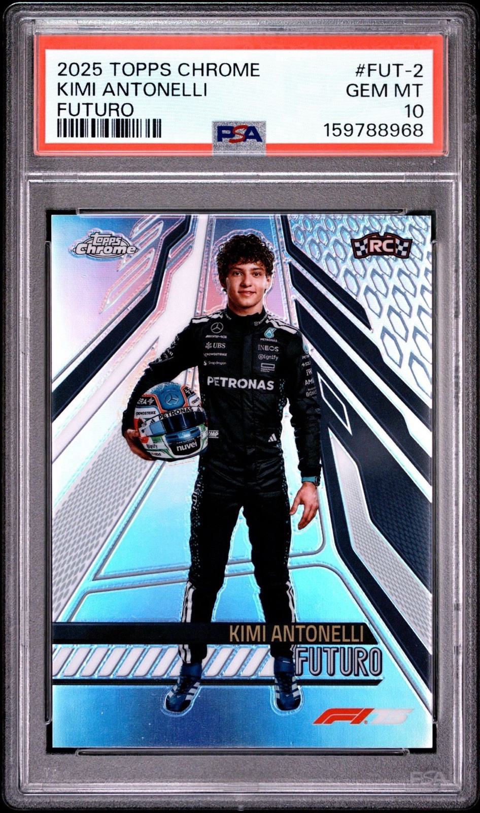 Kimi Antonelli #FUT-2 Racing Cards 2025 Topps Chrome Formula 1 Futuro trading card — raw and PSA graded price guide