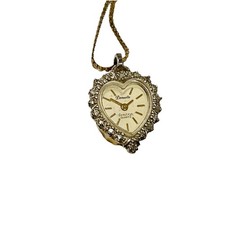 Armitron Diamond Heart Watch Pendant Necklace Gold Filled Chain Vtg UNTESTED