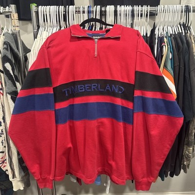 Vintage y2k Timberland Men's Red Pullover Jacket Collar 1/4 Snap Zip Pocket Xxl