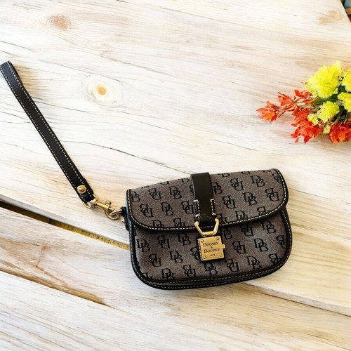 NWT Dooney & Bourke WI12 Wristlet Monogram Black Canvas Leather Trim Mini Bag