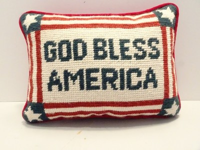 Needlepoint God Bless America Red White Blue Stars Patriotic Decor Velvet Pillow