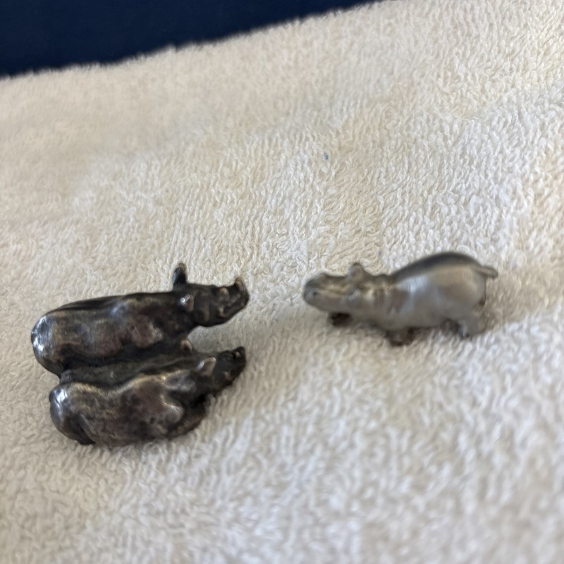 African Wild Life Pewter Hippotamus + two silver plate Rhinoceros figurines