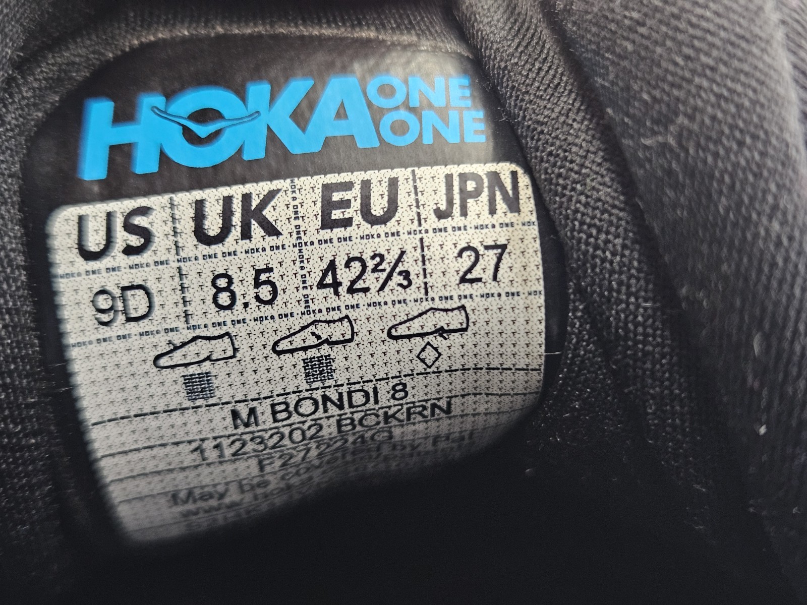 Hoka One One Bondi 8 Black Blue Running Shoes Mens Size 9 D 1123202 BCKRN thumbnail 7