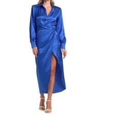NEW Sz S Small Womens Ronny Kobo Blue Bernice Satin Long Sleeved Midi Dress Slit