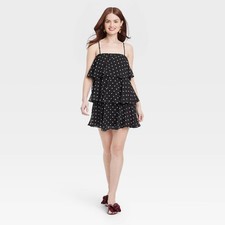 Women's Tiered Ruffle Mini Shift Dress - A New Day Black/White Polka
