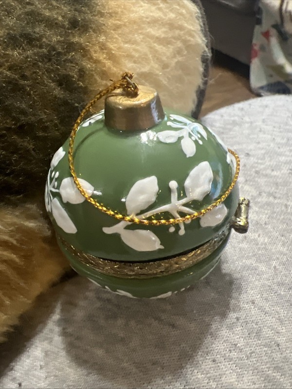 Christmas  Porcelain Green  Holly Ornament Hinged Trinket Box Ball