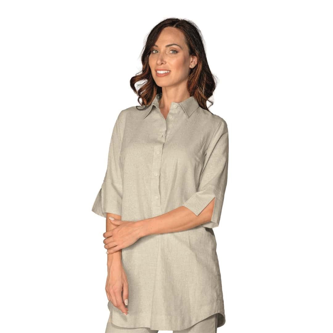 Camisa Blusa Mujer Java En Mixto Lino Beis Con Manga 3/4 -Isacco- Camarera