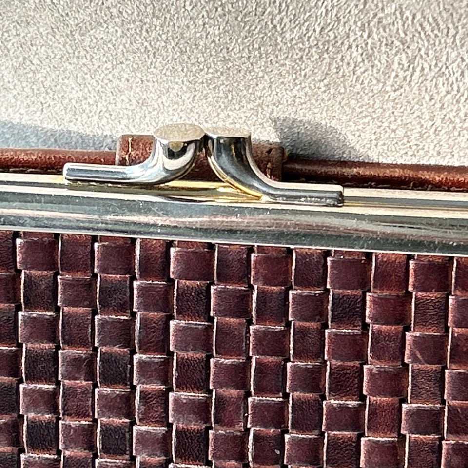 Cartera Bally Mujer Grande Tejida Cuero Marrón Grande Bloqueo de Beso Italia De Colección Años 90 Foto 4 de 4