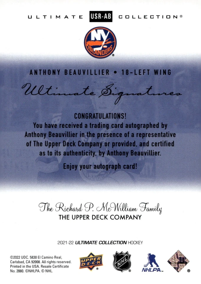 2021-22 Ultimate Collection Signatures Retro Gold Anthony Beauvillier Auto /10 - Image 2 of 2