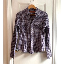 Vintage Arch Indigo Raw Edge Plaid Pearl Snap Western Shirt Made in USA Medium