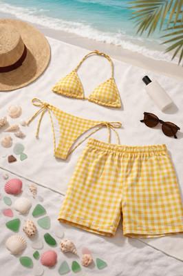 Yellow Gingham Couple Matching Swimwear Set Checkered Bikini Shorts Beach