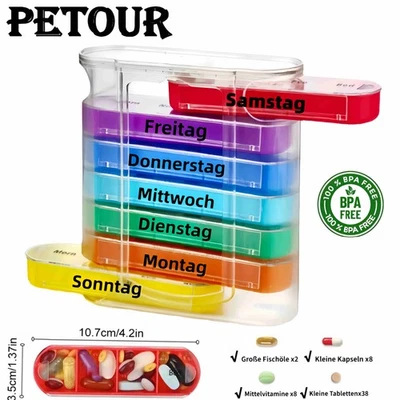 PETOUR Medikamentenbox Pillendose 7 Tage 4 Fächer pro Tag Tablettenbox Pillenbox DE