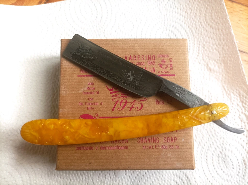 NAJEEB MALLUK & CO Straight Razor STUNNING Etched Blade & Scales! Germany - Immagine 3 di 4